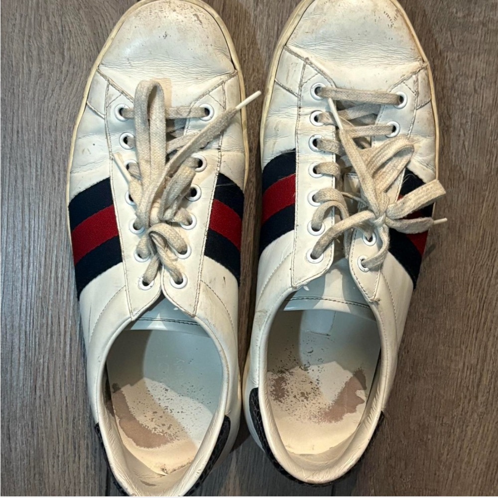 Gucci White Sneakers with Red and Black Stripes